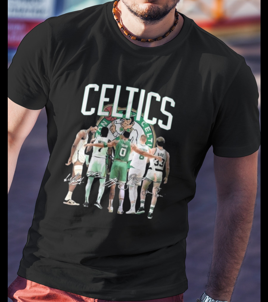 Celtics Jaylen Brown Jayson Tatum K. Porziņģis Larry Bird Signatures NBA Basketball Legends T-Shirt