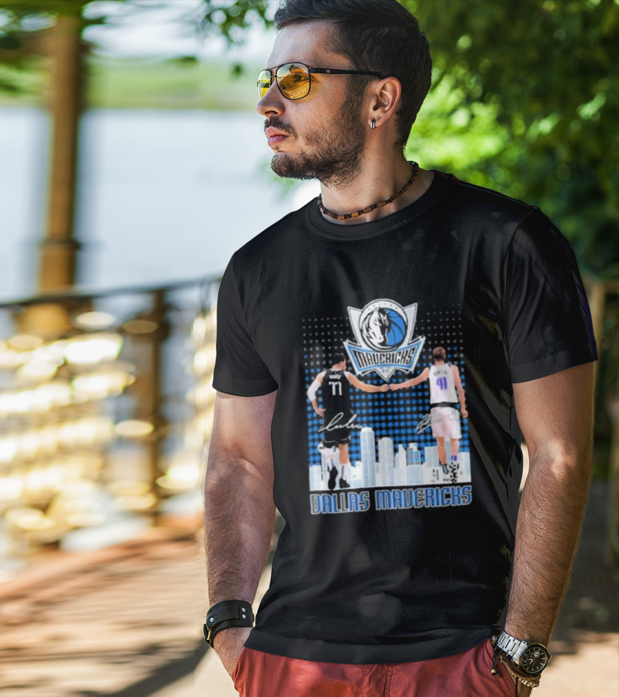 Dallas Mavericks Luka Doncic Dirk Nowitzki Handshake Signatures Skyline T-Shirt