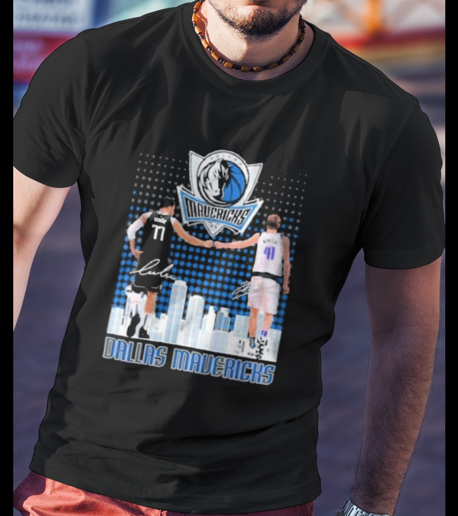 Dallas Mavericks Luka Doncic Dirk Nowitzki Handshake Signatures Skyline T-Shirt