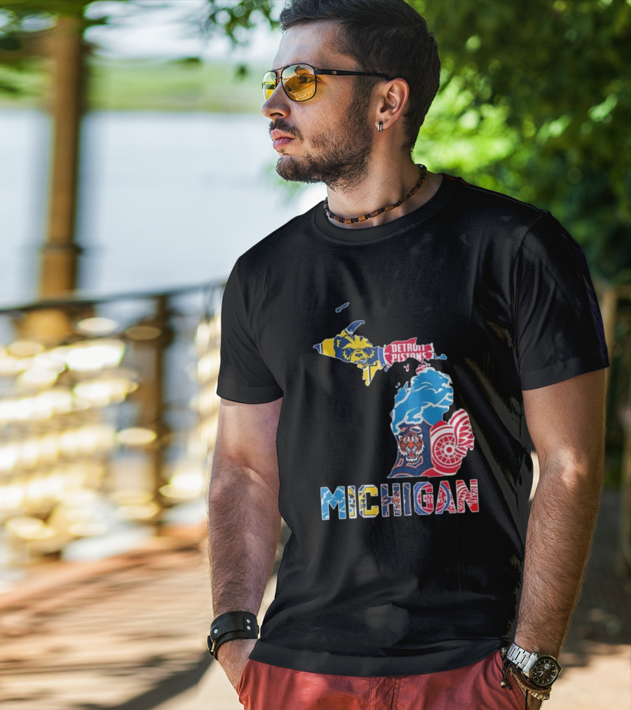 Michigan Lions Wolverines Tigers Pistons Red Wings Map T-Shirt