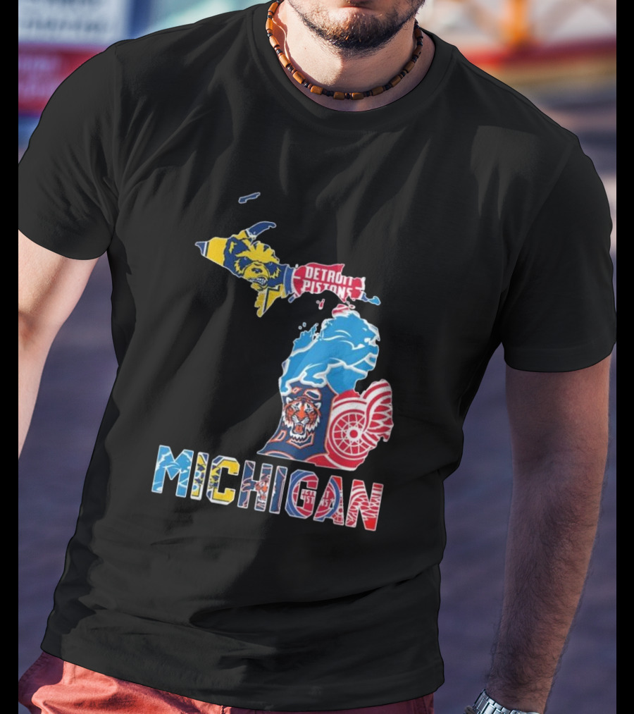Michigan Lions Wolverines Tigers Pistons Red Wings Map T-Shirt
