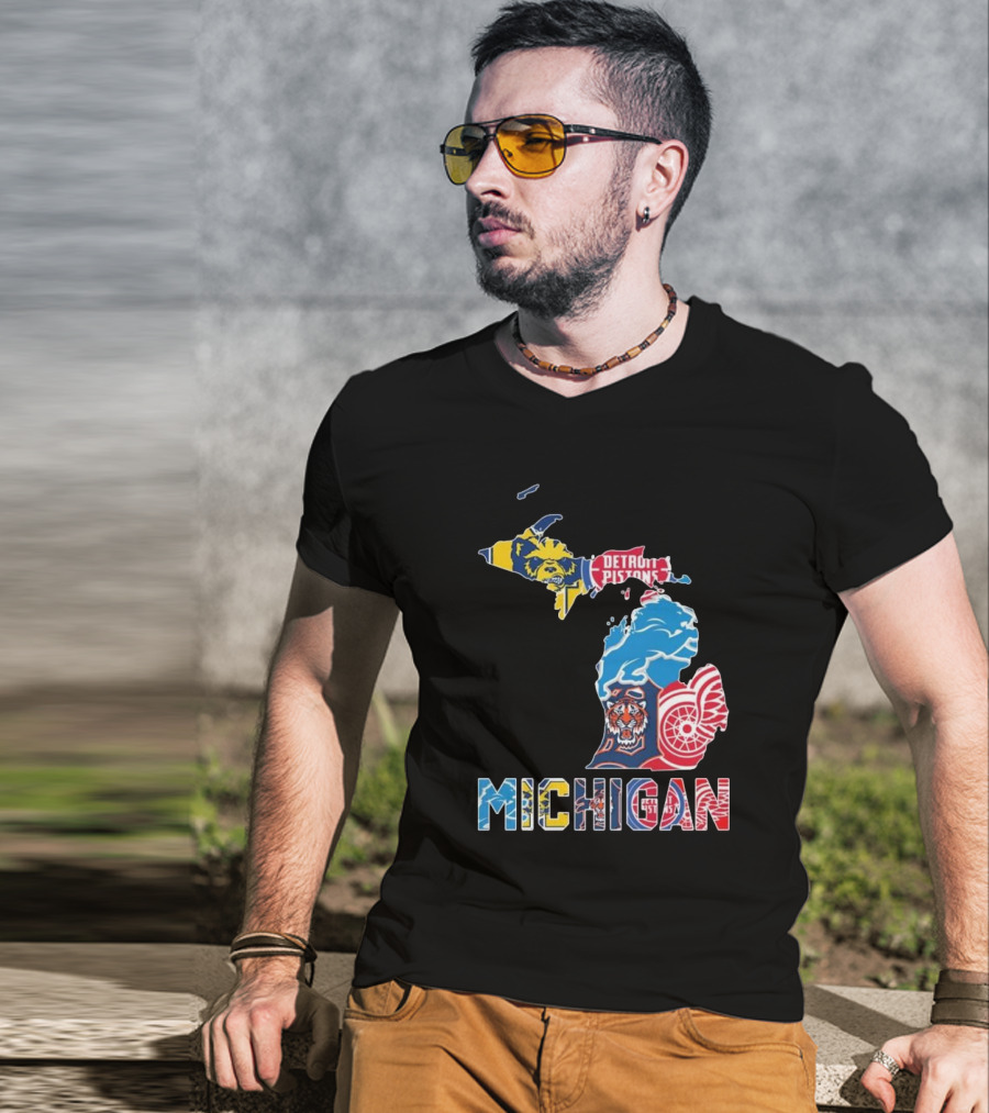 Michigan Lions Wolverines Tigers Pistons Red Wings Map T-Shirt