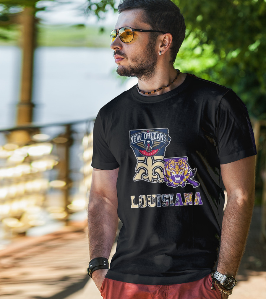New Orleans Pelicans Tigers Saints Louisiana Map T-Shirt