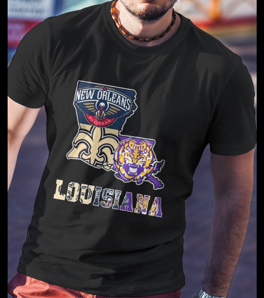 New Orleans Pelicans Tigers Saints Louisiana Map T-Shirt