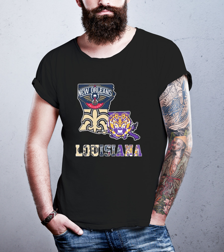 New Orleans Pelicans Tigers Saints Louisiana Map T-Shirt