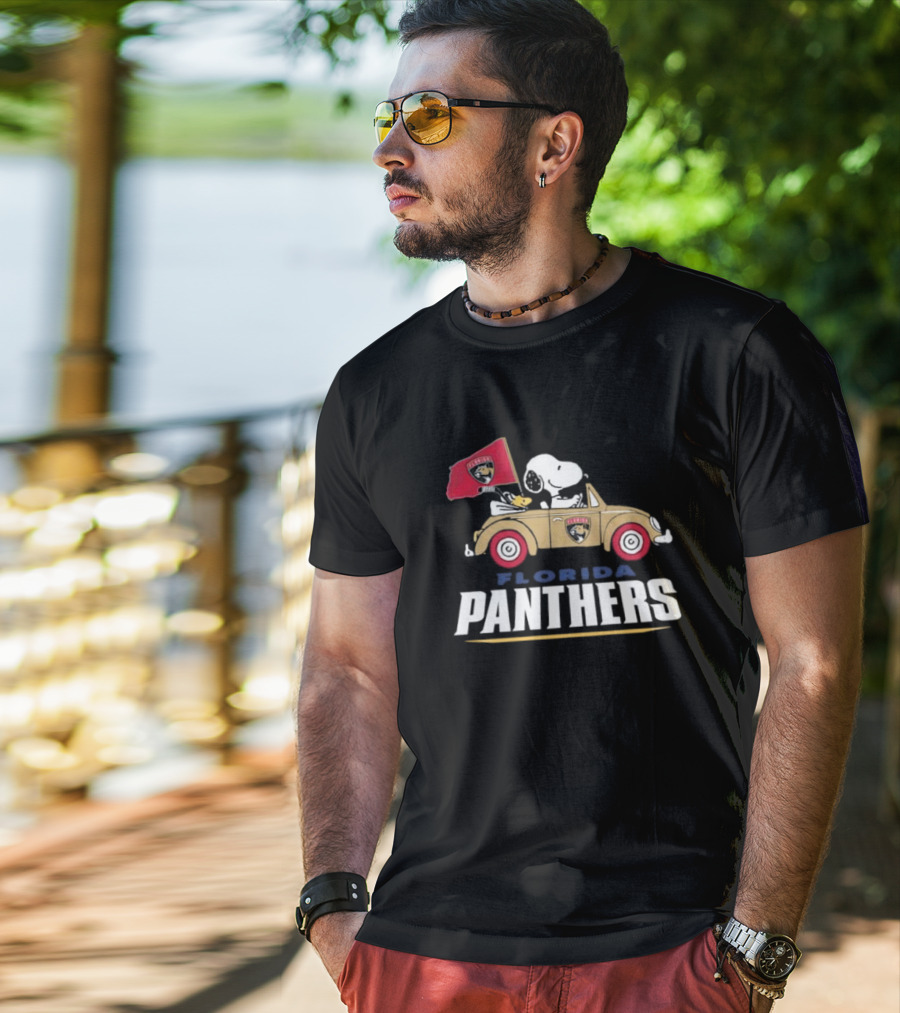 Florida Panthers Snoopy Driving Car With Hockey Flag T-Shirt