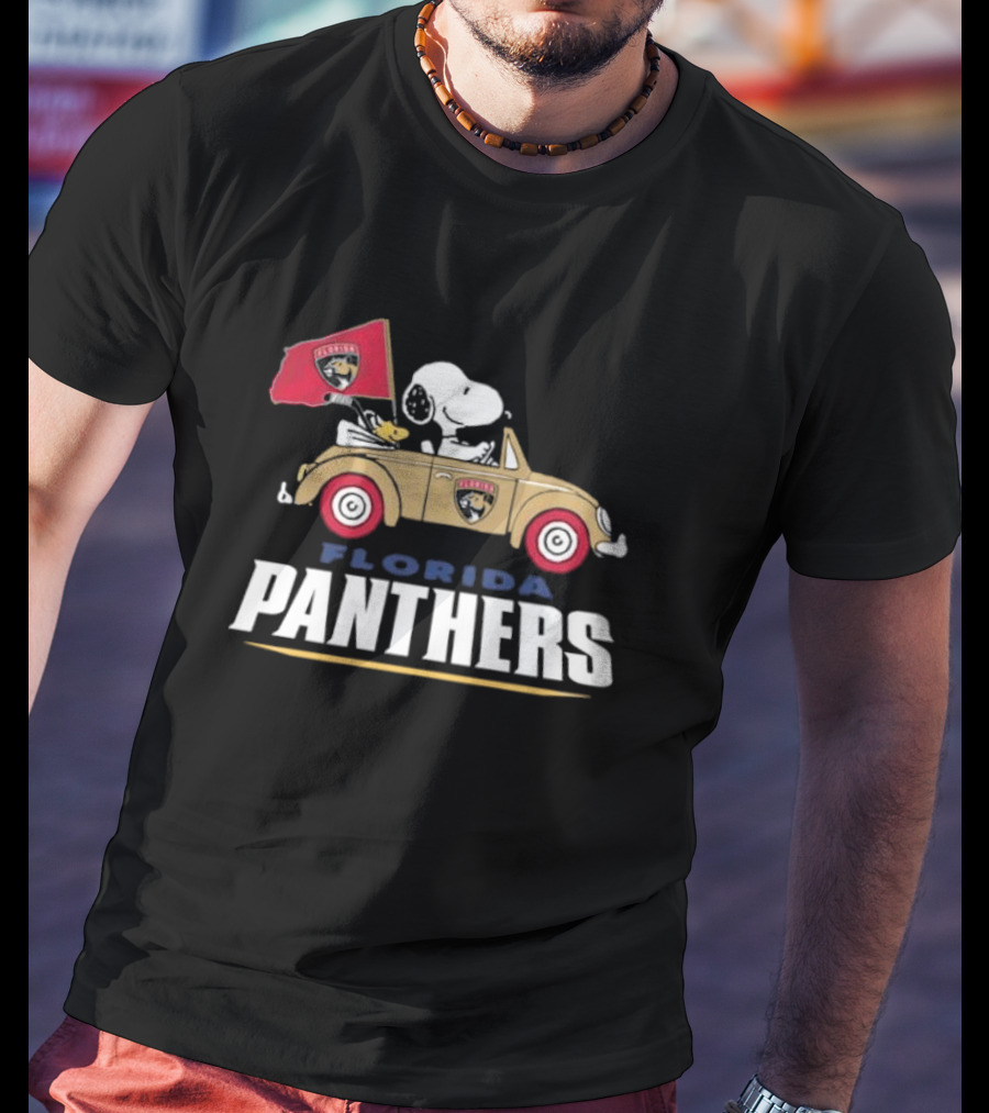 Florida Panthers Snoopy Driving Car With Hockey Flag T-Shirt