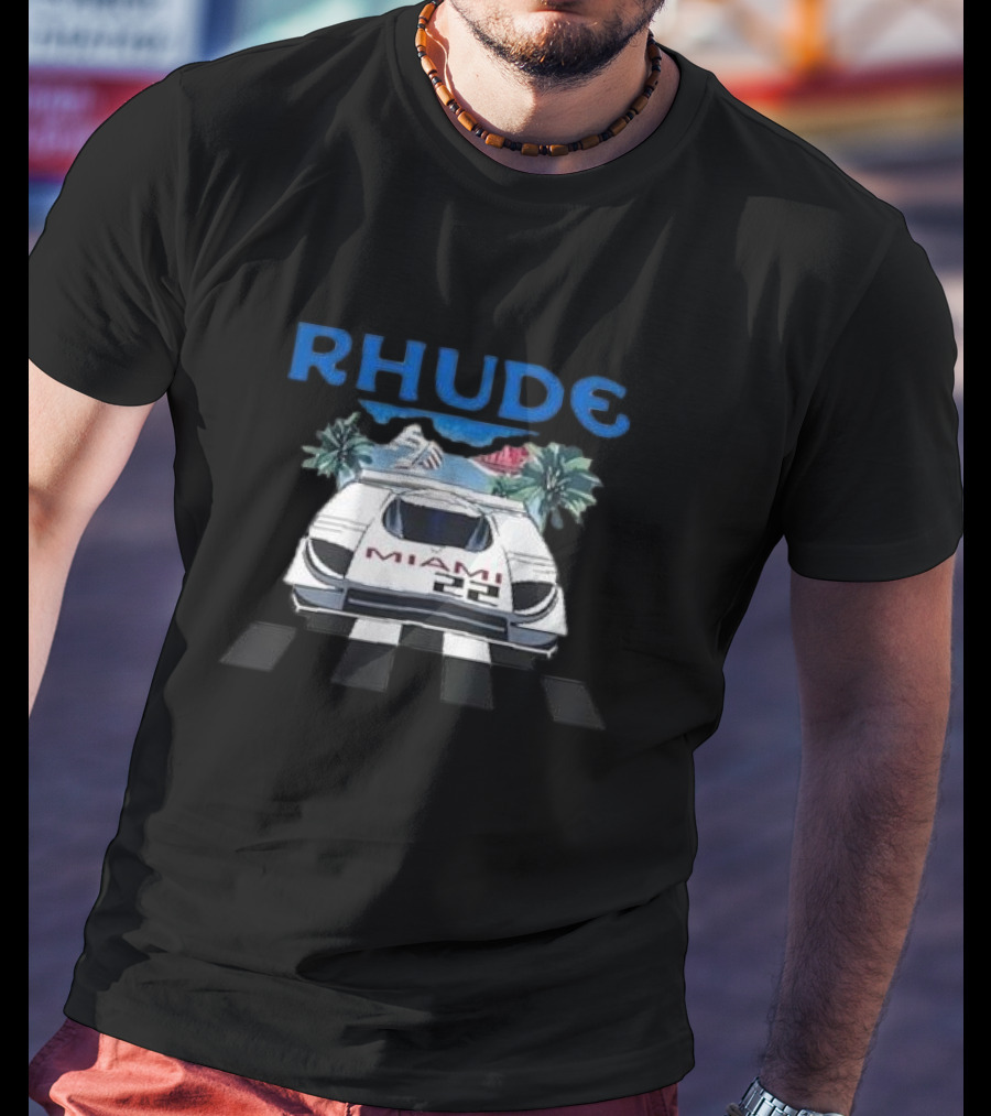 RHUDE Miami 22 Car Palm Trees Checkered Flags T-Shirt