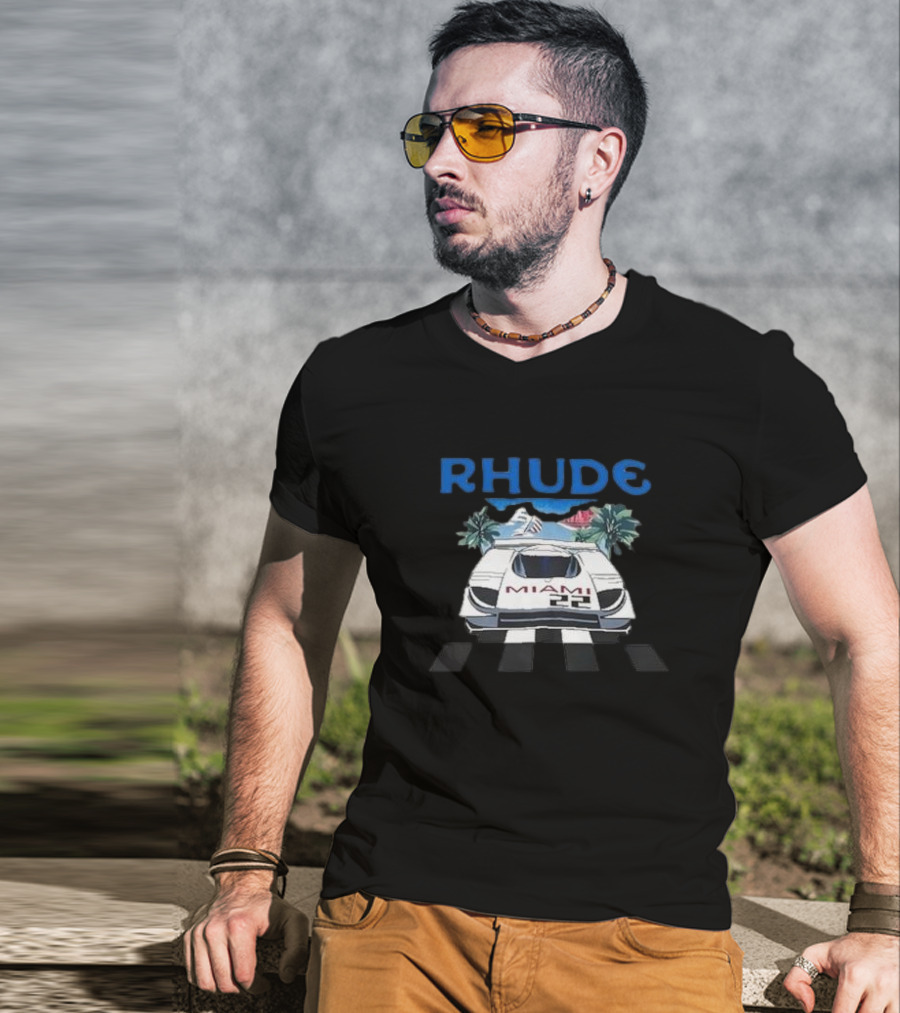 RHUDE Miami 22 Car Palm Trees Checkered Flags T-Shirt