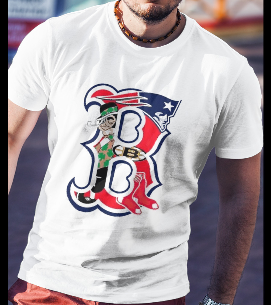 Boston Red Sox B Mashup With Patriots Bruins Celtics Symbols T-Shirt