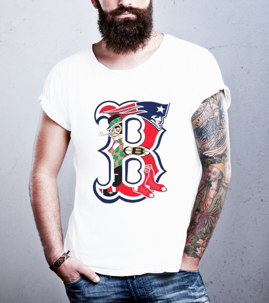 Boston Red Sox B Mashup With Patriots Bruins Celtics Symbols T-Shirt