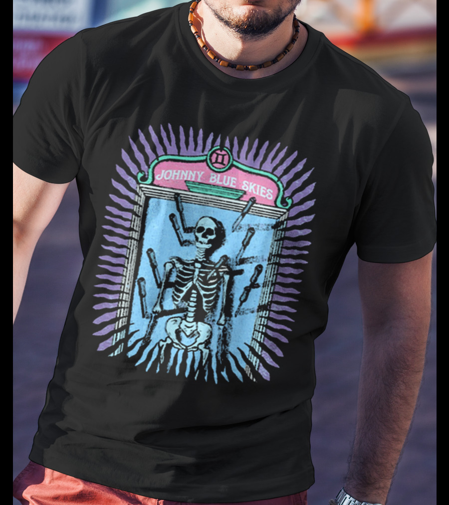 Johnny Blue Skies Skeleton Framed With Knives And Purple Aura T-Shirt