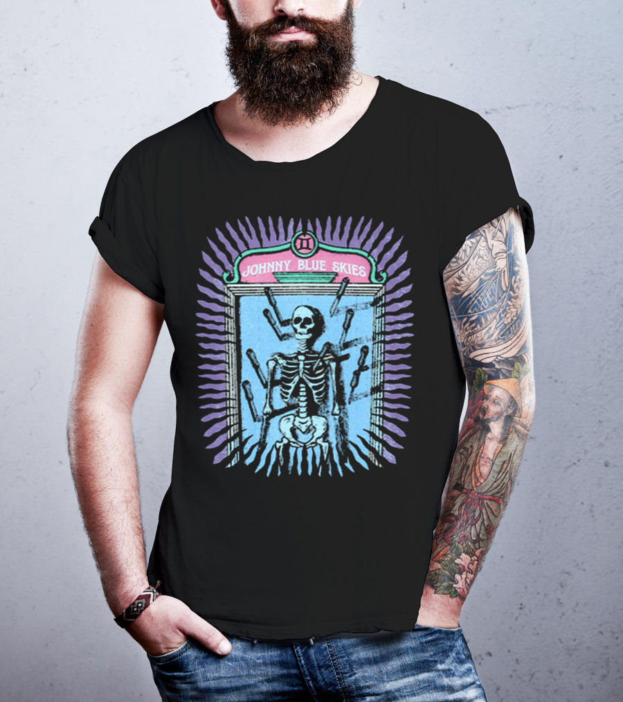Johnny Blue Skies Skeleton Framed With Knives And Purple Aura T-Shirt