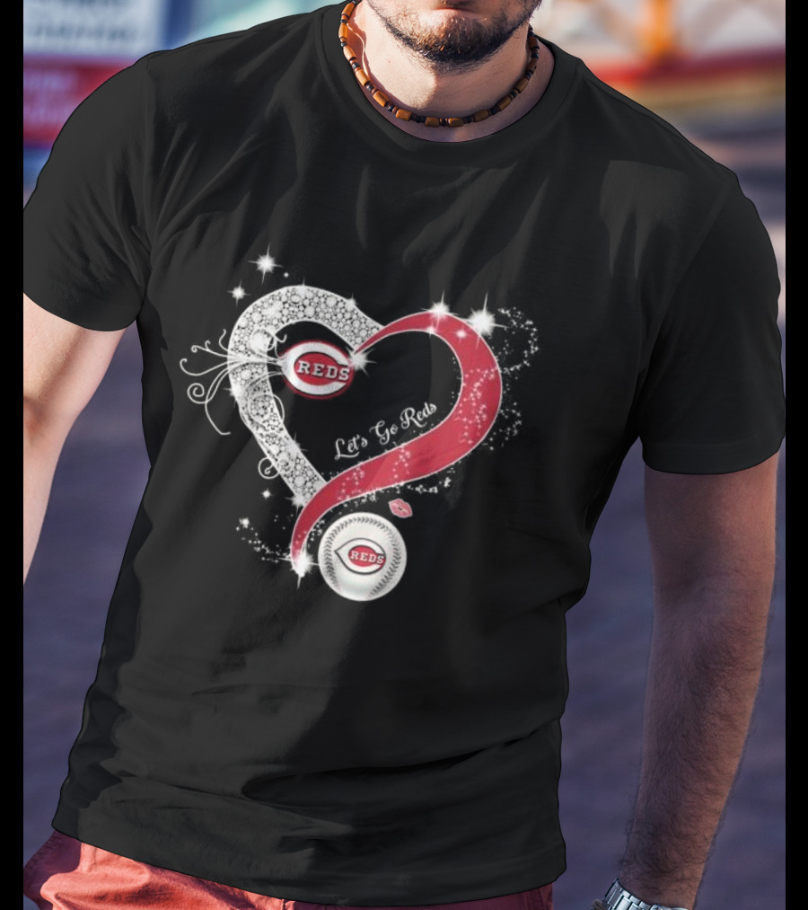 Cincinnati Reds Heart Emblem Let's Go Reds Sparkling T-Shirt