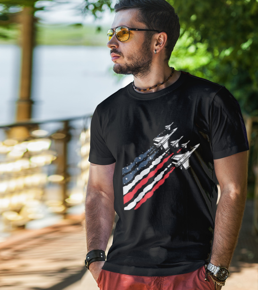 Vintage Patriotic Fighter Jet Airplane With American Flag Trail T-Shirt