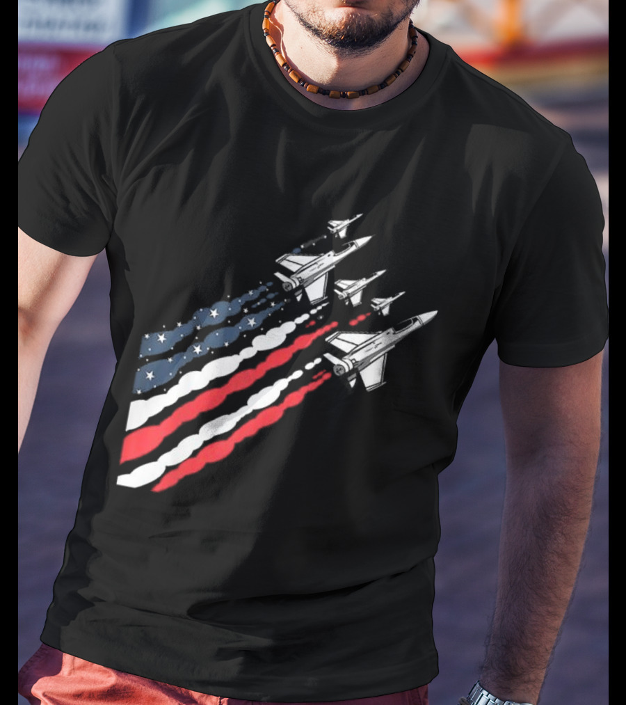 Vintage Patriotic Fighter Jet Airplane With American Flag Trail T-Shirt