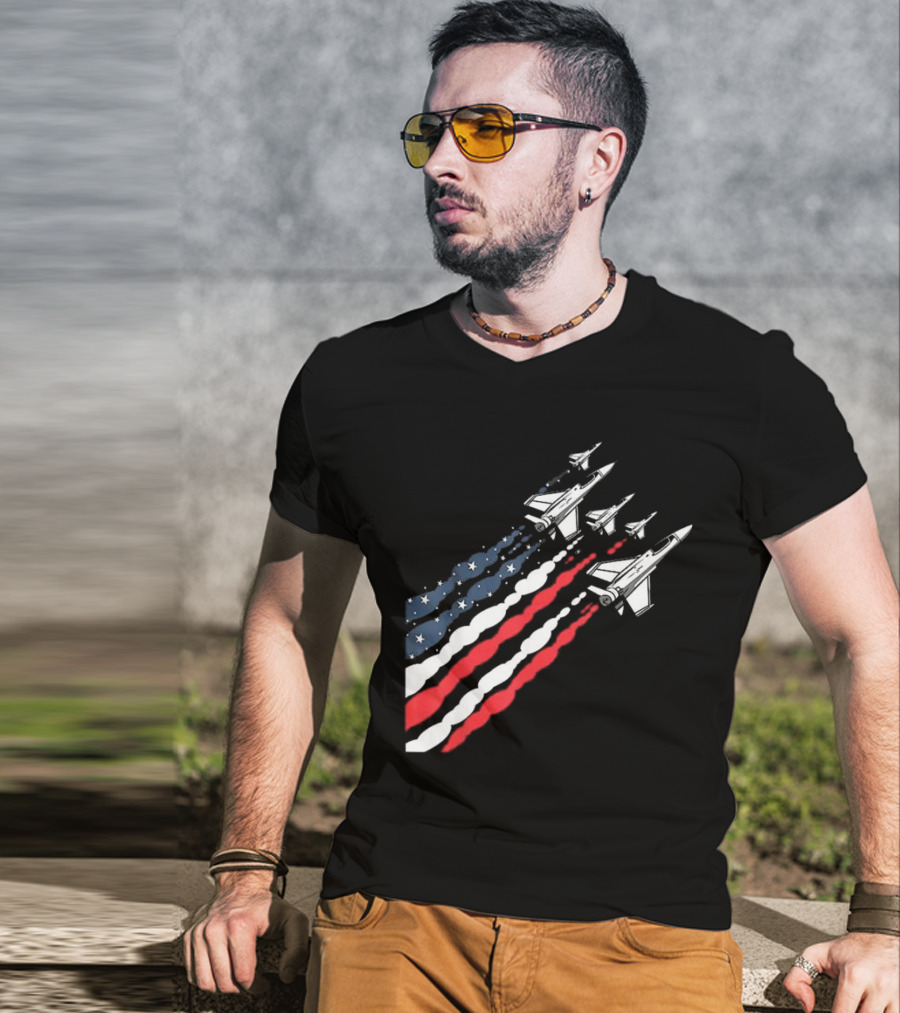 Vintage Patriotic Fighter Jet Airplane With American Flag Trail T-Shirt