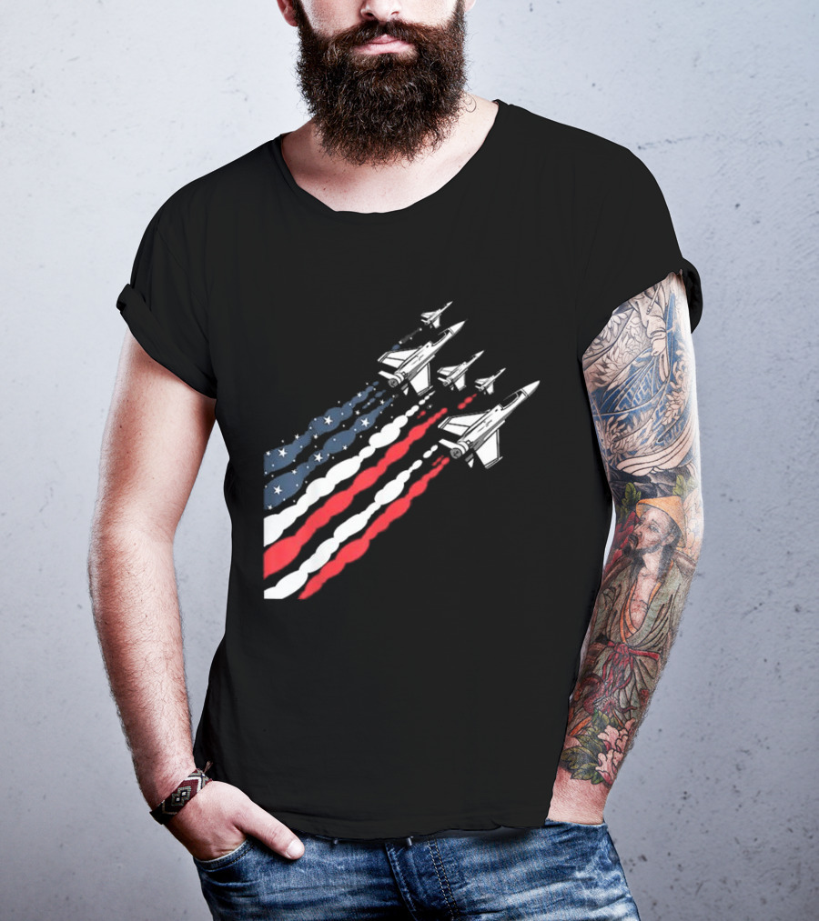 Vintage Patriotic Fighter Jet Airplane With American Flag Trail T-Shirt