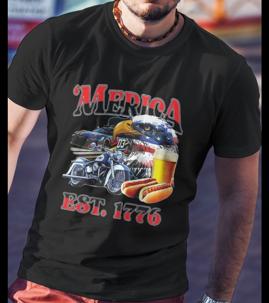 'Merica Bald Eagle Motorbike Beer Hotdogs Cars Est. 1776 T-Shirt