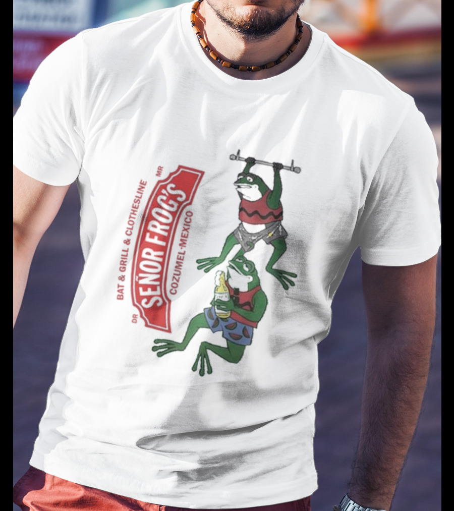 Senor Frog's Cozumel Mexico Bar And Grill Clothesline With Frogs In Striped Shirts And Shorts With Beer And Weights T-Shirt