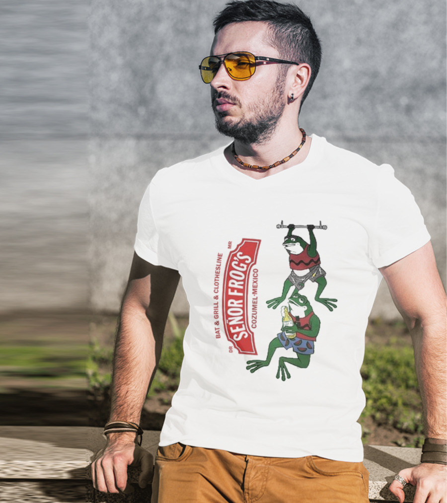 Senor Frog's Cozumel Mexico Bar And Grill Clothesline With Frogs In Striped Shirts And Shorts With Beer And Weights T-Shirt