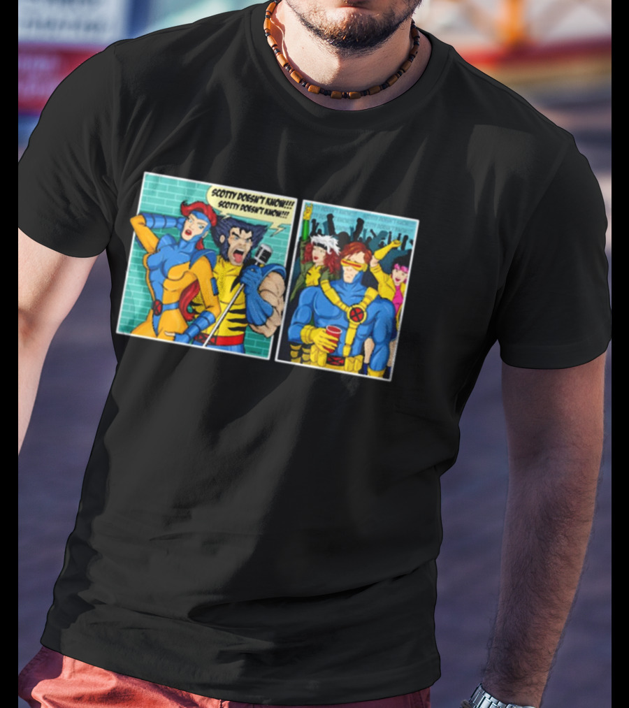 Jean Grey And Wolverine Comic Scotty Doesn’t Know Retro Cyclops Party Scene T-Shirt