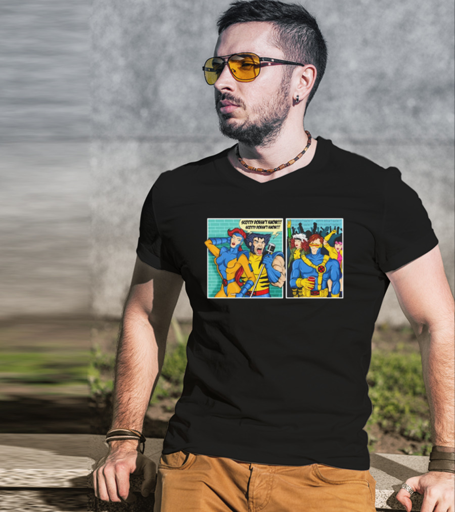 Jean Grey And Wolverine Comic Scotty Doesn’t Know Retro Cyclops Party Scene T-Shirt