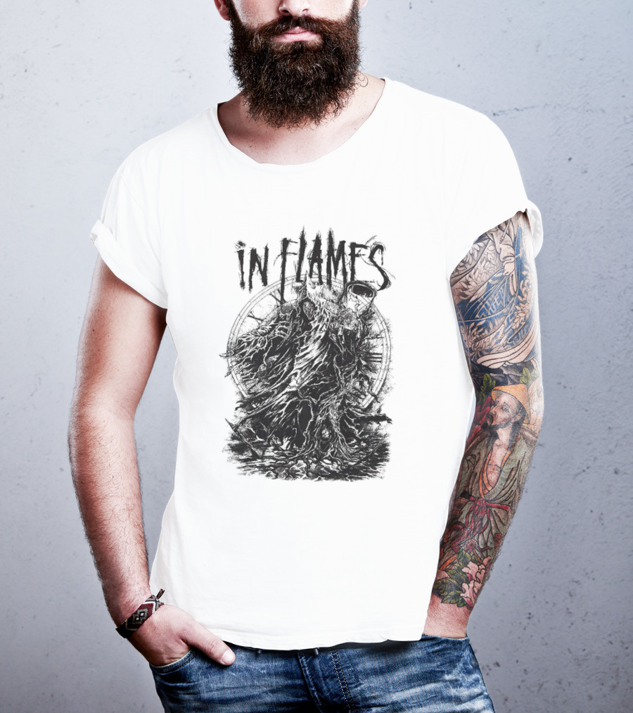 In Flames Cloaked Ghoul Dark Shrouded Figure With Clock Background T-Shirt