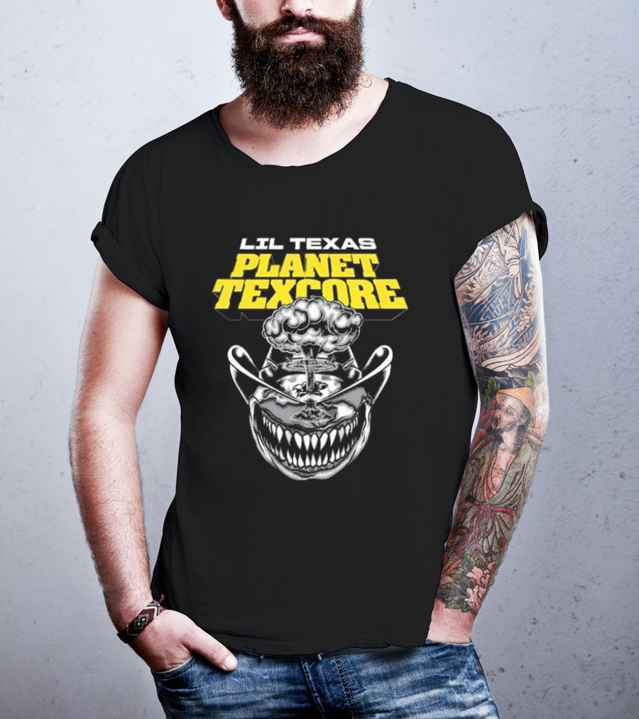 LIL TEXAS PLANET TEXCORE Smiling Skull With Mushroom Cloud And Cowboy Hat T-Shirt