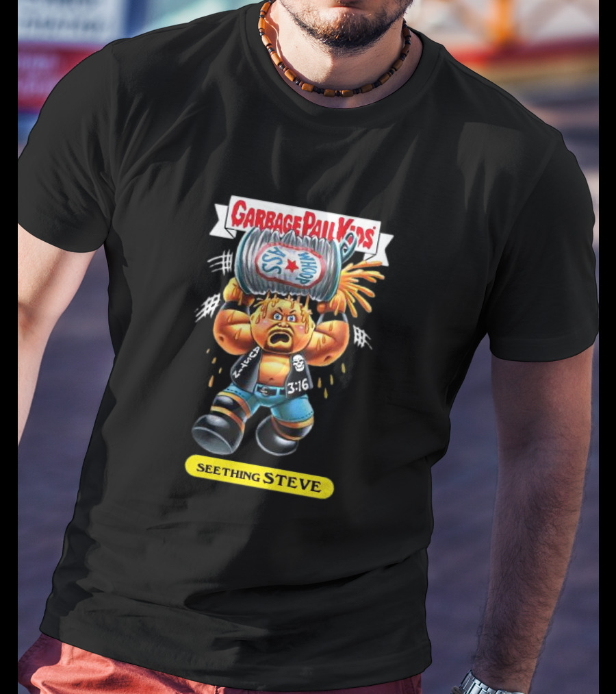 Garbage Pail Kids Seething Steve 3:16 Parody Character With Exploding Trash Can T-Shirt
