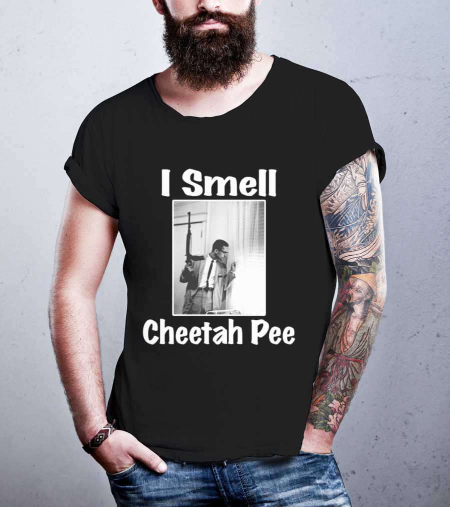 I Smell Cheetah Pee Man Holding Gun By Window T-Shirt