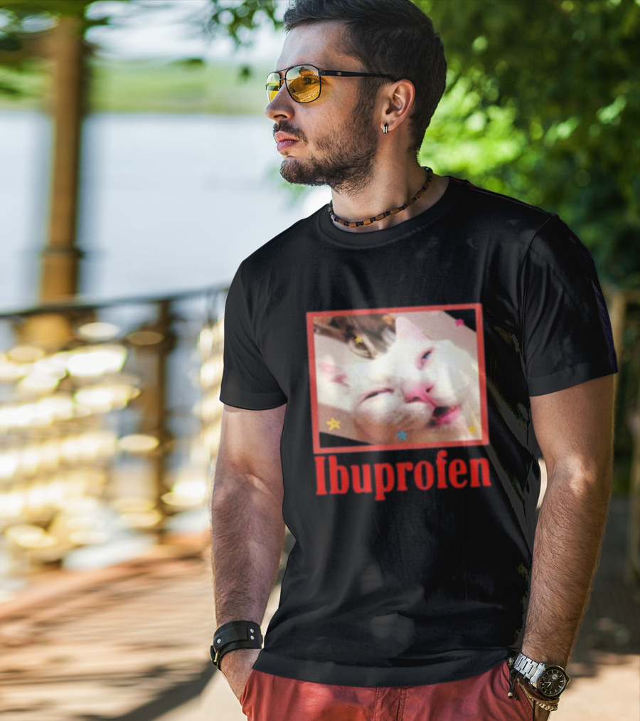 Ibuprofen Meme Cat With Distorted Face And Stars T-Shirt