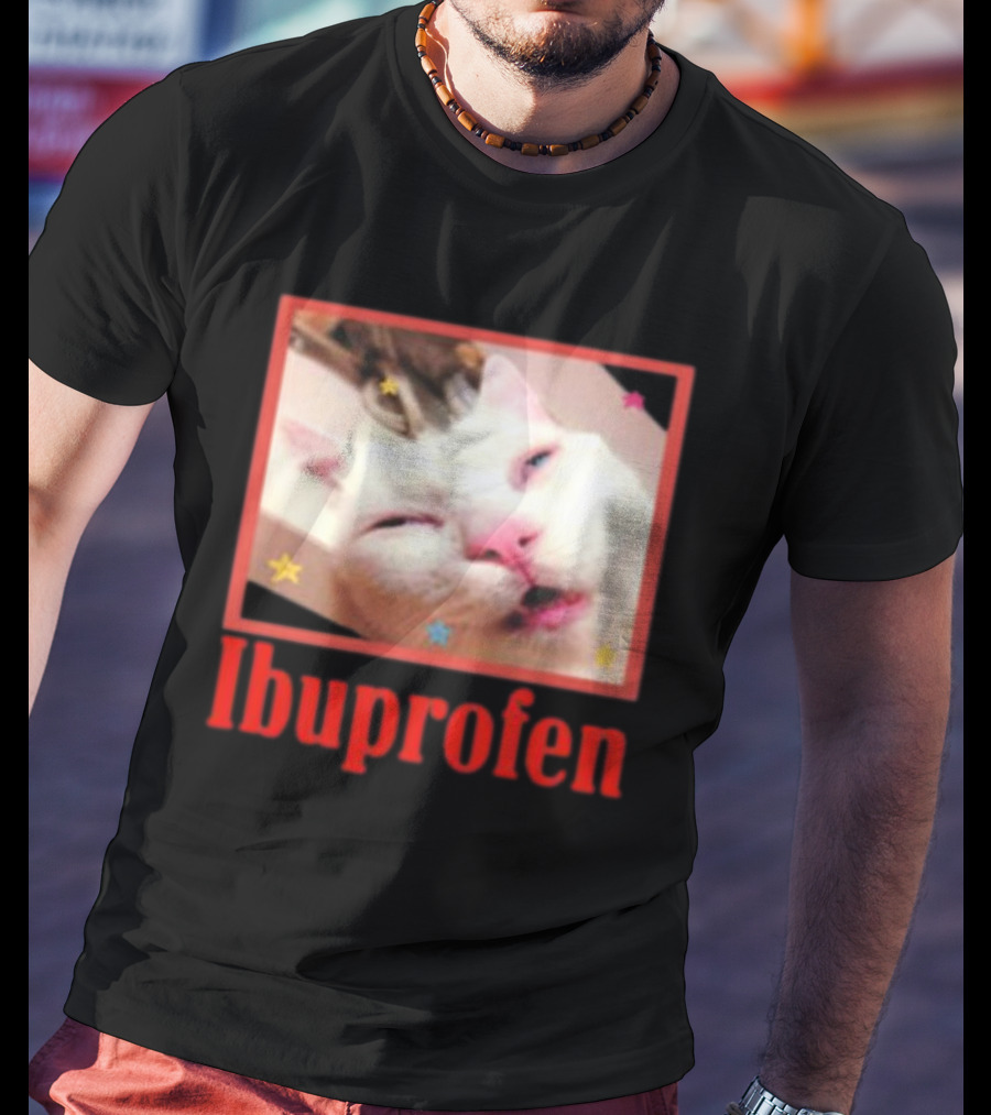 Ibuprofen Meme Cat With Distorted Face And Stars T-Shirt