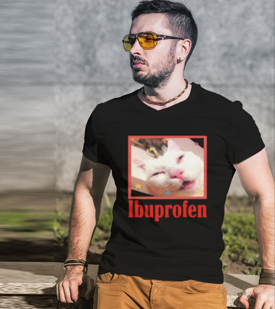 Ibuprofen Meme Cat With Distorted Face And Stars T-Shirt