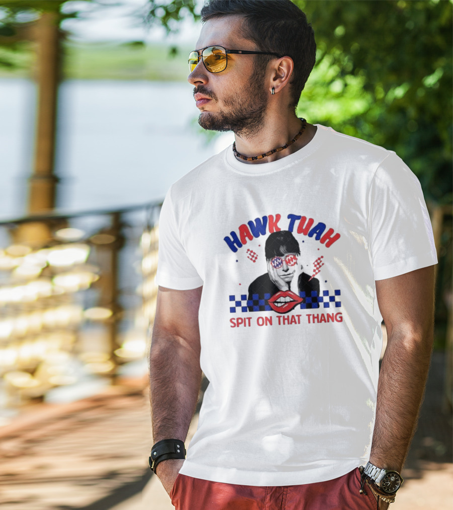 Hawk Tuah Spit On That Thang Lip Checkered Sunglasses T-Shirt