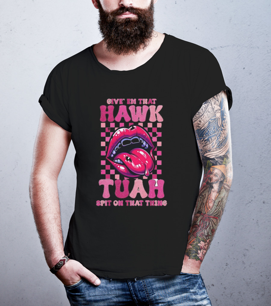 Give Em That Hawk Tuah Spit On That Thing Lip Design Pink Checkered Background T-Shirt