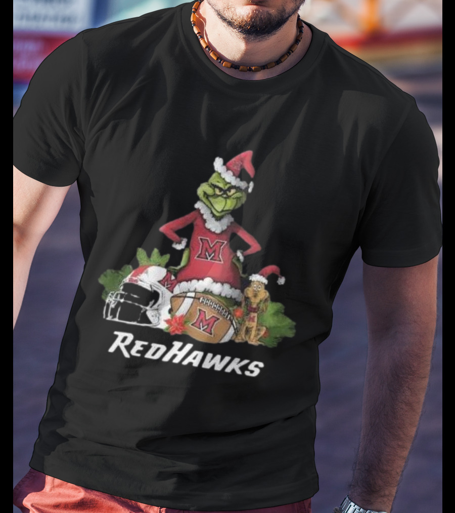 Grinch Santa And Dog With Miami RedHawks Rugby Helmet Merry Christmas T-Shirt