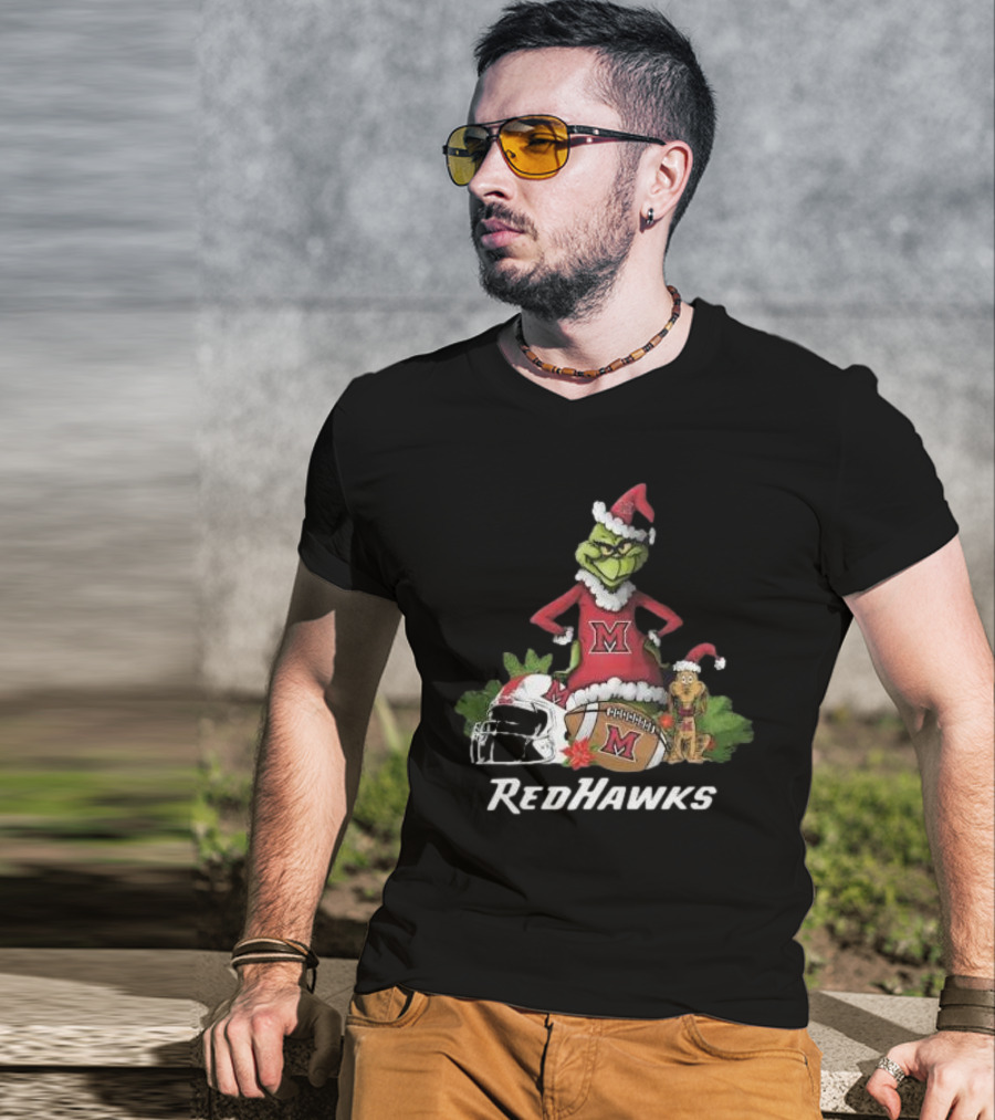 Grinch Santa And Dog With Miami RedHawks Rugby Helmet Merry Christmas T-Shirt