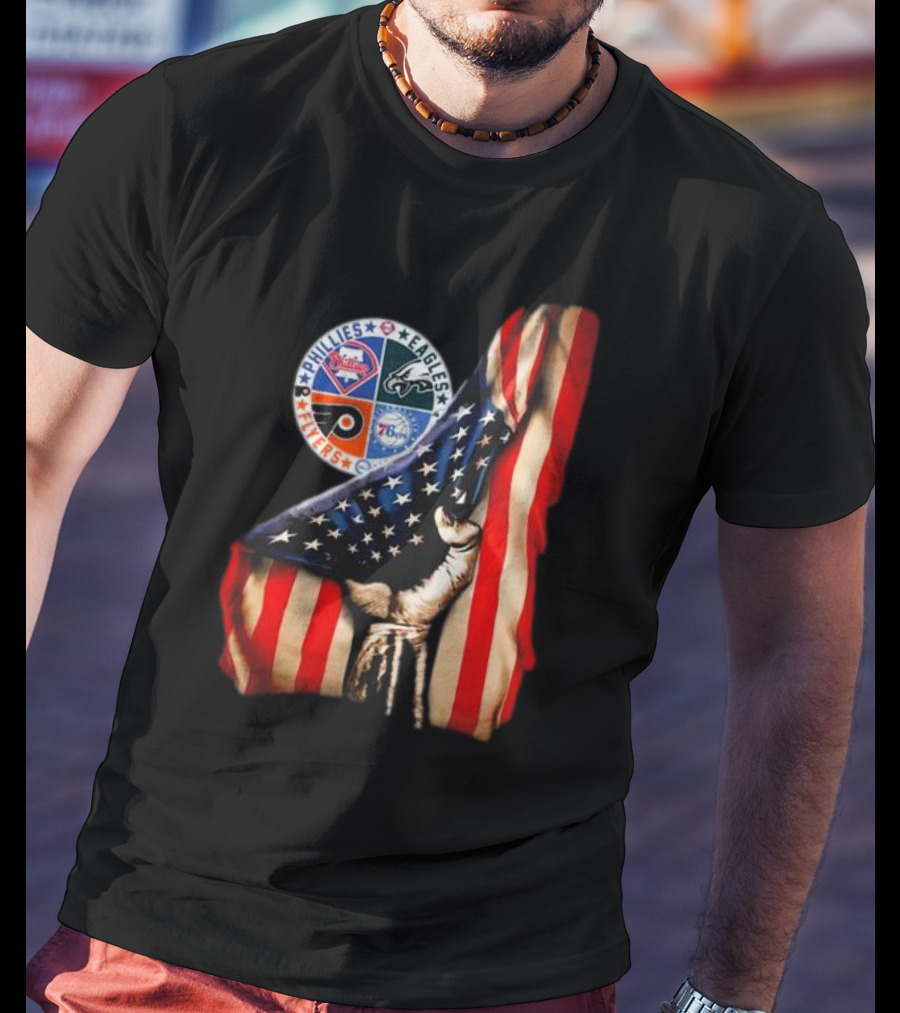 Philadelphia Phillies Eagles Flyers 76ers Hand Pulling American Flag T-Shirt