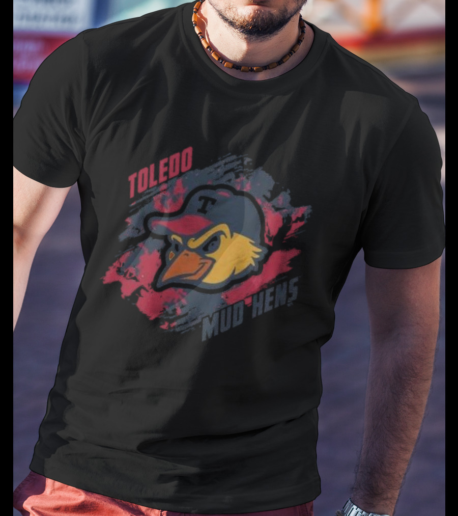 Toledo Mud Hens Baseball Team Logo With Bold Red And Blue Brushstroke Background T-Shirt