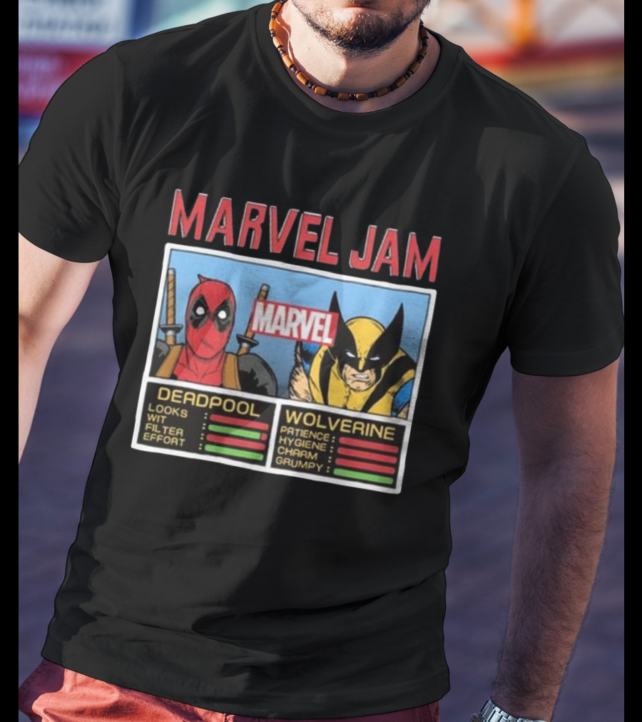Deadpool Wolverine Marvel Jam Comic Character Stats T-Shirt