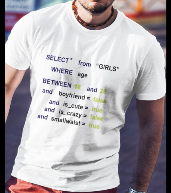 Funny SQL Query Select From GIRLS Where Age Between 18 And 26 Boyfriend False Is Cute True Is Crazy False Smallwaist True T-Shirt