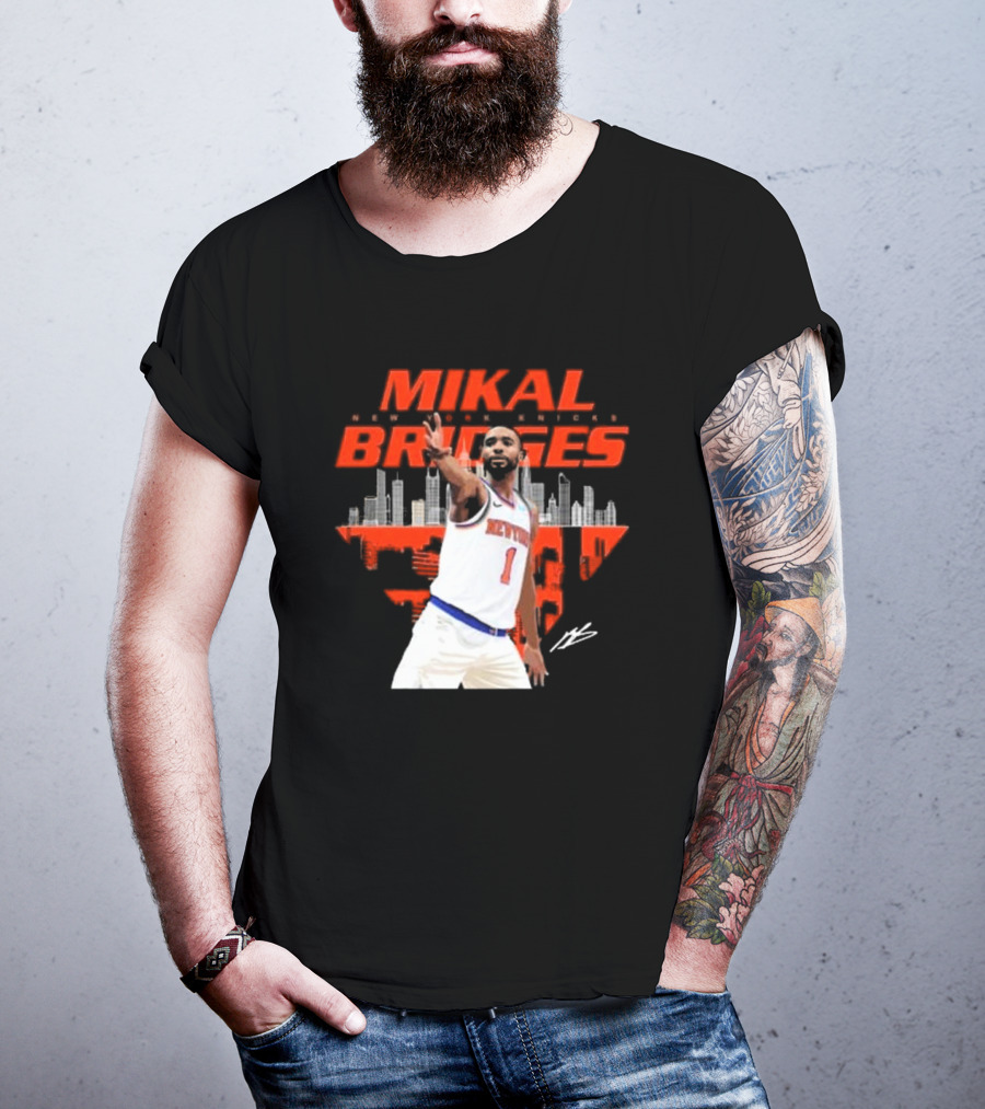 Mikal Bridges New York Knicks Skyline Signature Number 1 T-Shirt
