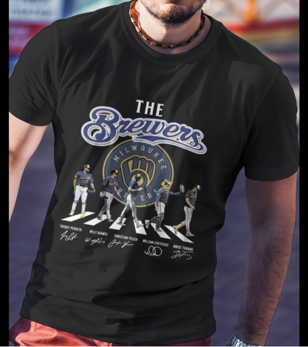 Milwaukee Brewers True Fan Baseball Legends Freddy Peralta Willy Adames Christian Yelich William Contreras Brice Turang Abbey Road Signatures T-Shirt