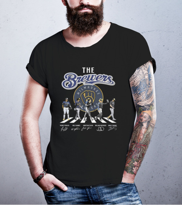 Milwaukee Brewers True Fan Baseball Legends Freddy Peralta Willy Adames Christian Yelich William Contreras Brice Turang Abbey Road Signatures T-Shirt