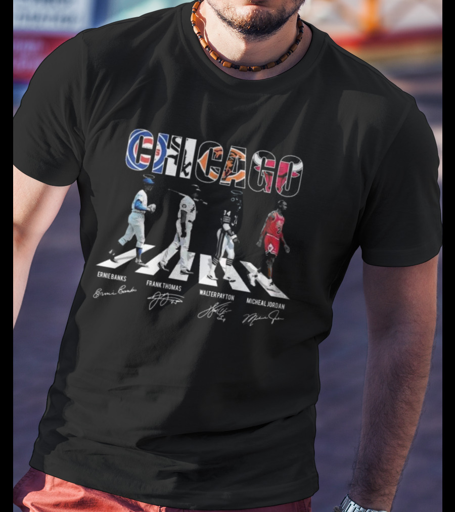Chicago Sports Team Abbey Road Ernie Banks Frank Thomas Walter Payton Michael Jordan Signatures T-Shirt