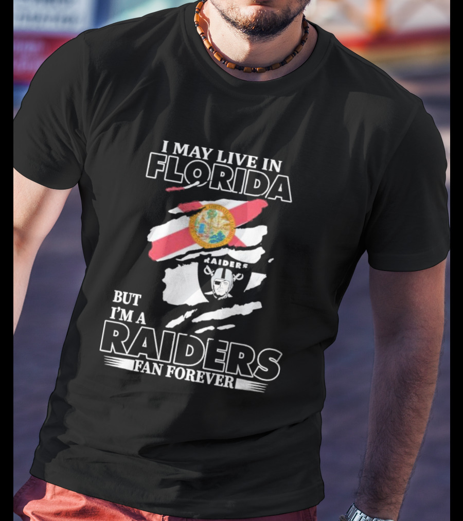Las Vegas Raiders Fan Forever Living In Florida With Team Logo And State Flag T-Shirt