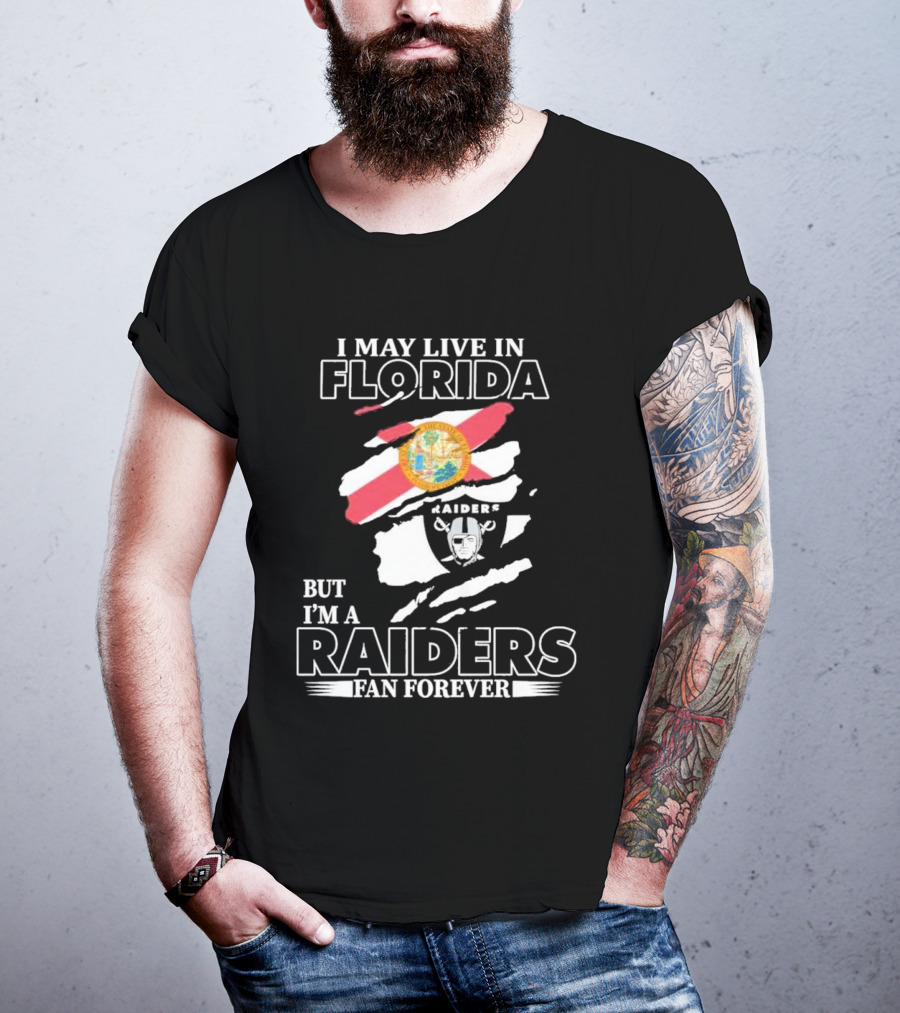 Las Vegas Raiders Fan Forever Living In Florida With Team Logo And State Flag T-Shirt