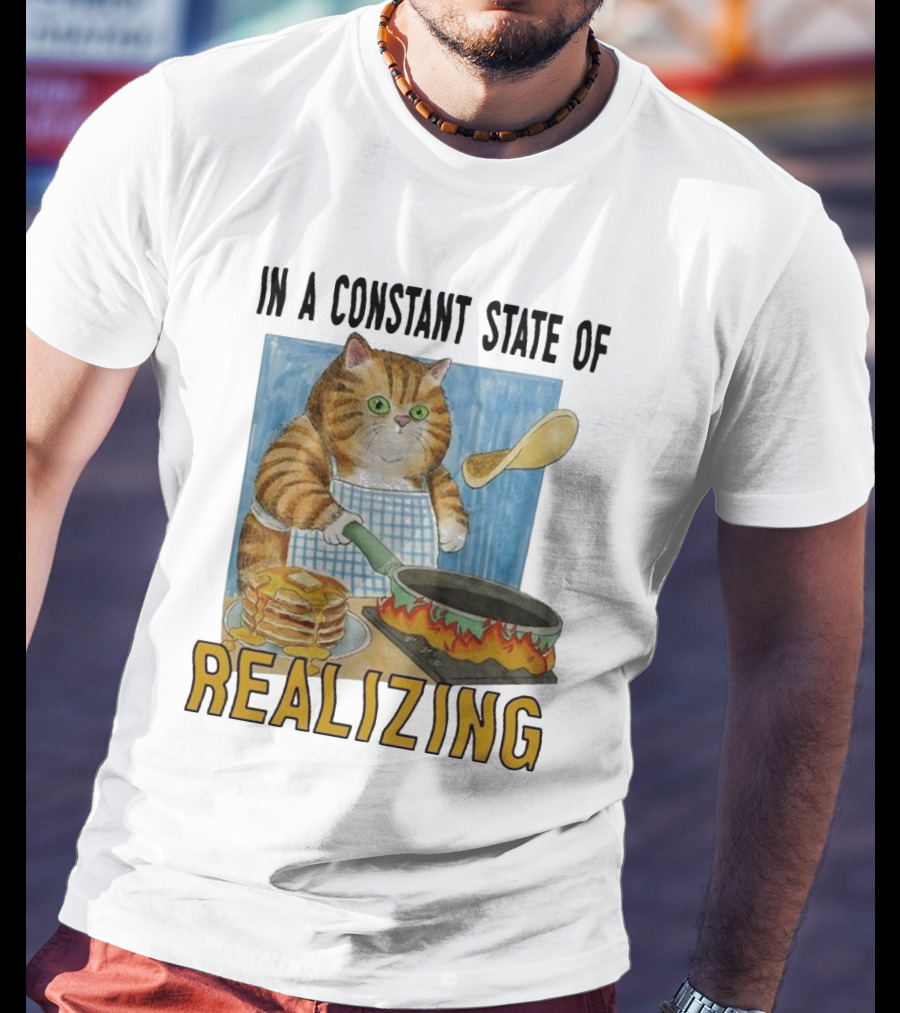 In A Constant State Of Realizing Cat Cooking Pancakes Flame Pan T-Shirt