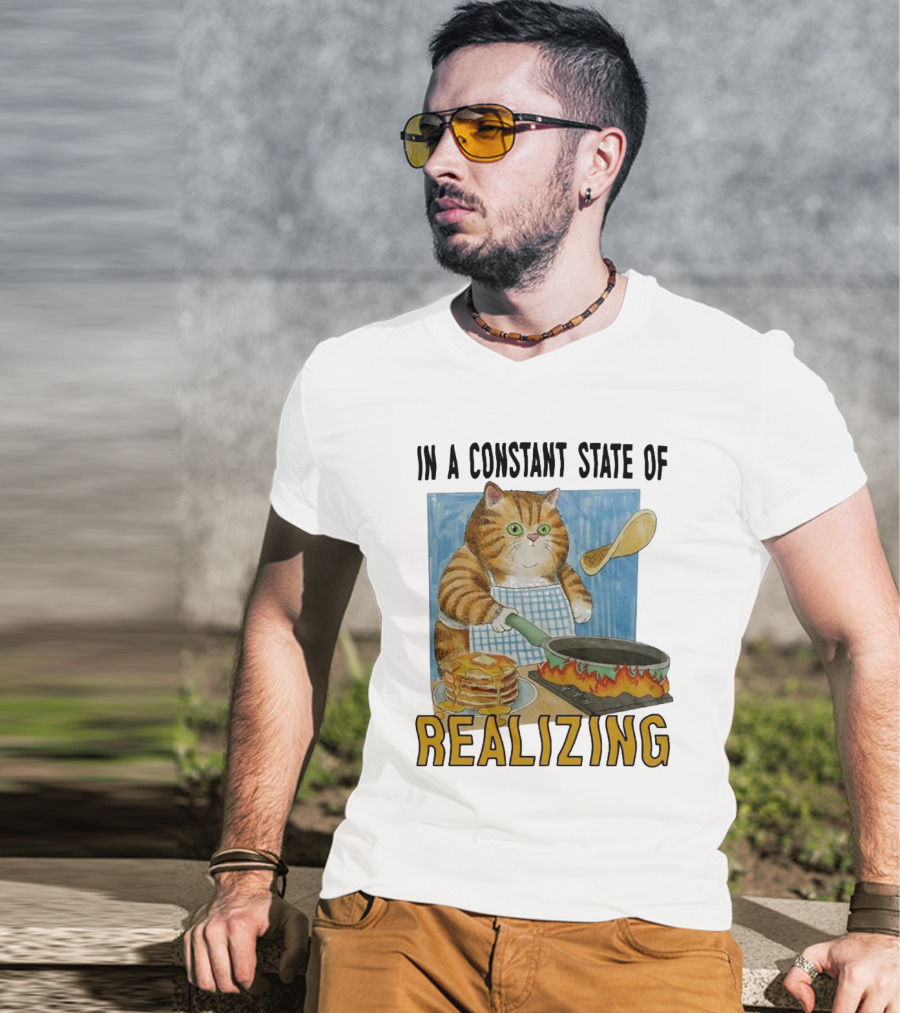 In A Constant State Of Realizing Cat Cooking Pancakes Flame Pan T-Shirt
